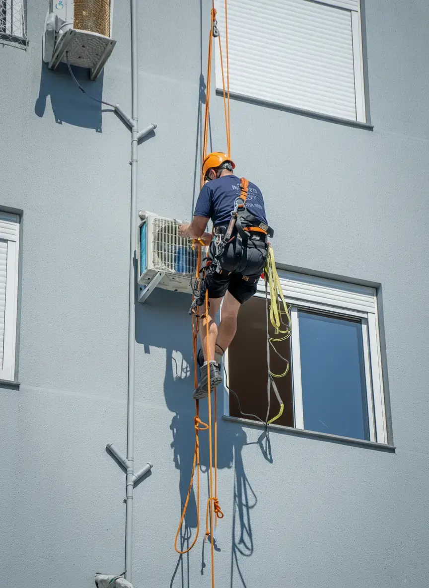 Técnico da Recife Ar-Condicionados em atendimento em altura para climatização predial
